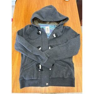 Roxy Womens Large Gray Fleece Jacket Toggle Full Zip Faux Fur Hood Nordic